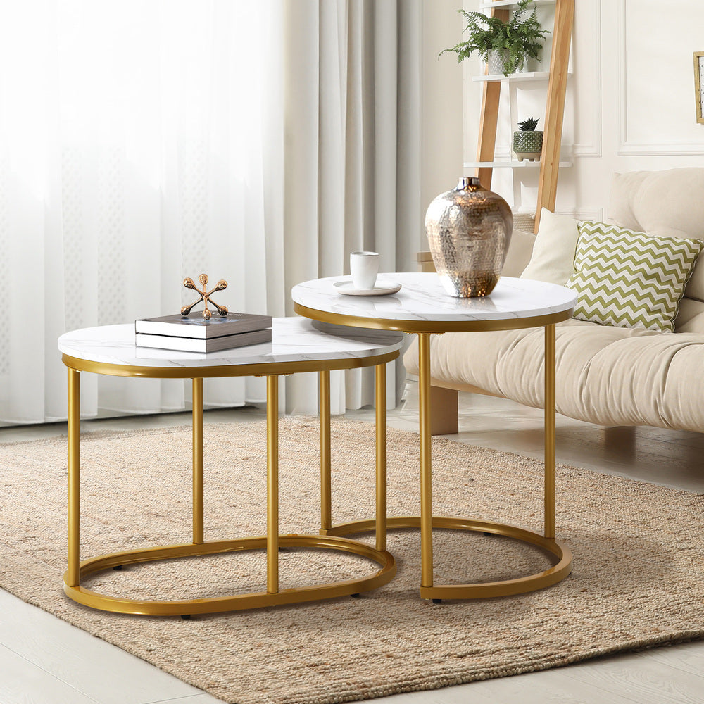 Oikiture Set of 2 Coffee Table Round Oval Marble Nesting Side End Table Gold-Coffee Tables-PEROZ Accessories