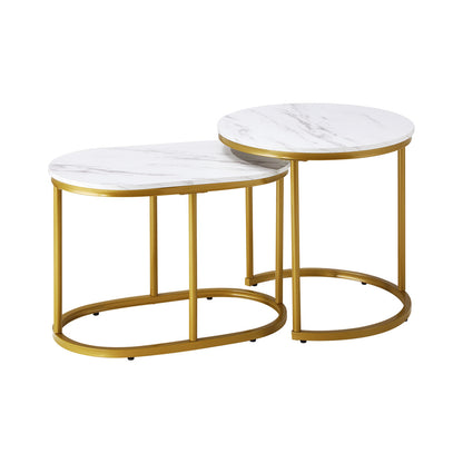 Oikiture Set of 2 Coffee Table Round Oval Marble Nesting Side End Table Gold-Coffee Tables-PEROZ Accessories