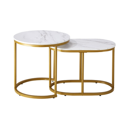 Oikiture Set of 2 Coffee Table Round Oval Marble Nesting Side End Table Gold-Coffee Tables-PEROZ Accessories