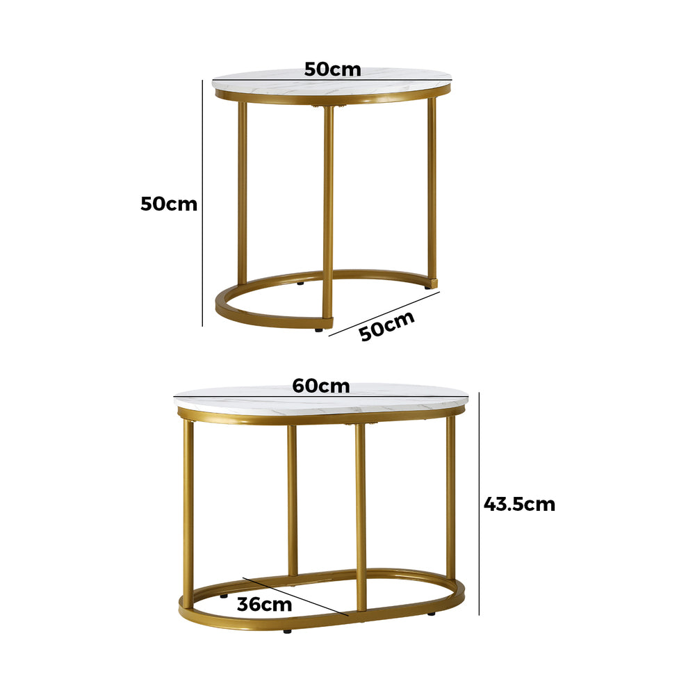 Oikiture Set of 2 Coffee Table Round Oval Marble Nesting Side End Table Gold-Coffee Tables-PEROZ Accessories