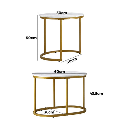 Oikiture Set of 2 Coffee Table Round Oval Marble Nesting Side End Table Gold-Coffee Tables-PEROZ Accessories