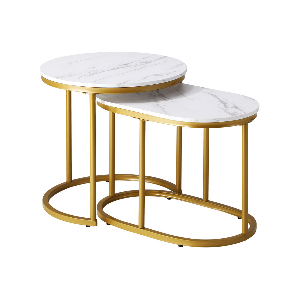 Oikiture Set of 2 Coffee Table Round Oval Marble Nesting Side End Table Gold-Coffee Tables-PEROZ Accessories
