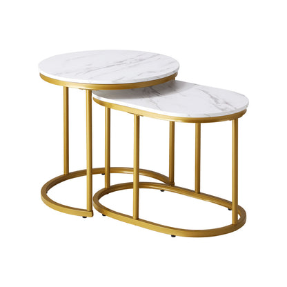 Oikiture Set of 2 Coffee Table Round Oval Marble Nesting Side End Table Gold-Coffee Tables-PEROZ Accessories