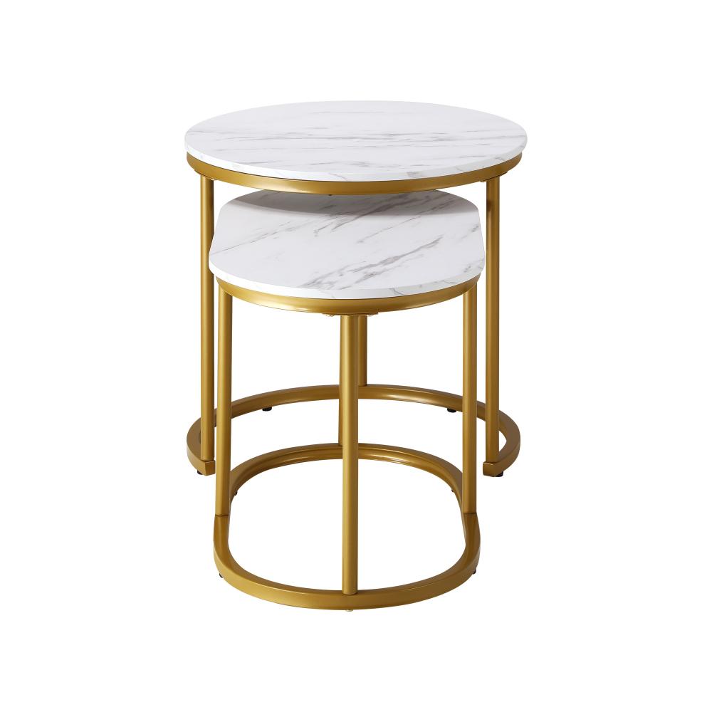 Oikiture Set of 2 Coffee Table Round Oval Marble Nesting Side End Table Gold-Coffee Tables-PEROZ Accessories