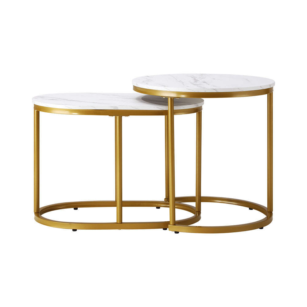 Oikiture Set of 2 Coffee Table Round Oval Marble Nesting Side End Table Gold-Coffee Tables-PEROZ Accessories