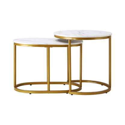 Oikiture Set of 2 Coffee Table Round Oval Marble Nesting Side End Table Gold-Coffee Tables-PEROZ Accessories