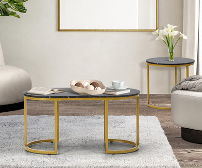 Oikiture Nesting Coffee Table Set of 2 Marble Effect Gold Black-Coffee Table-PEROZ Accessories