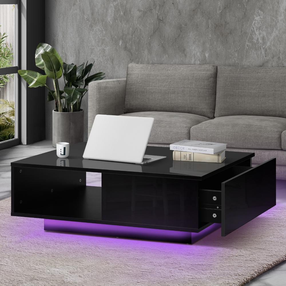 Oikiture Coffee Table LED Light High Gloss Storage Drawer Modern Furniture Black-Coffee Tables-PEROZ Accessories