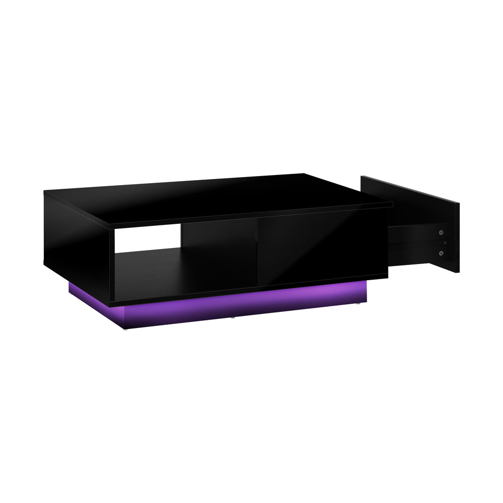 Oikiture Coffee Table LED Light High Gloss Storage Drawer Modern Furniture Black-Coffee Tables-PEROZ Accessories