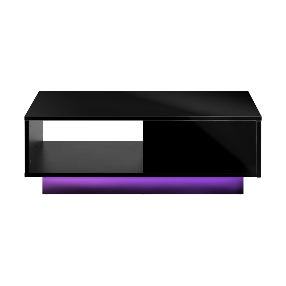 Oikiture Coffee Table LED Light High Gloss Storage Drawer Modern Furniture Black-Coffee Tables-PEROZ Accessories