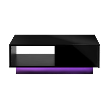 Oikiture Coffee Table LED Light High Gloss Storage Drawer Modern Furniture Black-Coffee Tables-PEROZ Accessories