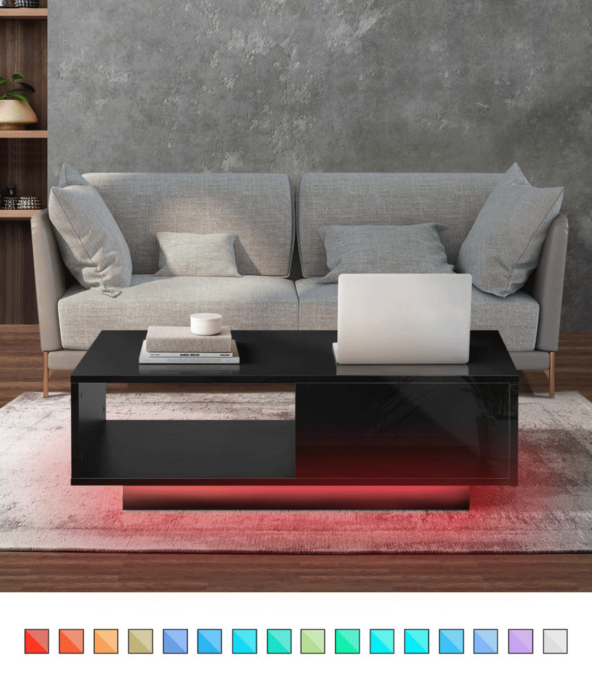 Oikiture Coffee Table LED Light High Gloss Storage Drawer Modern Furniture Black-Coffee Tables-PEROZ Accessories