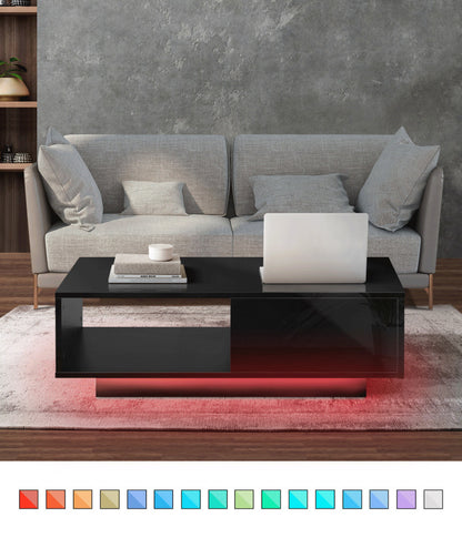 Oikiture Coffee Table LED Light High Gloss Storage Drawer Modern Furniture Black-Coffee Tables-PEROZ Accessories