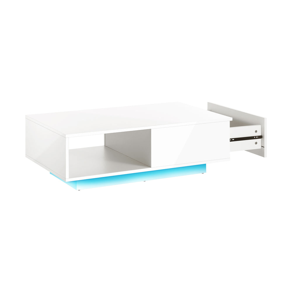 Oikiture Coffee Table LED Light High Gloss Storage Drawer Modern Furniture White-Coffee Tables-PEROZ Accessories