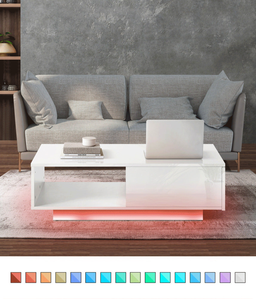 Oikiture Coffee Table LED Light High Gloss Storage Drawer Modern Furniture White-Coffee Tables-PEROZ Accessories