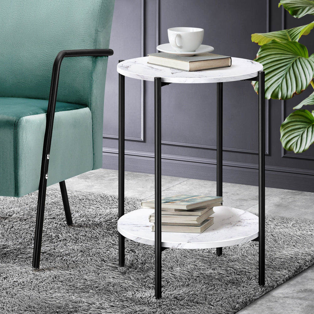 Oikiture Side End Table Coffee Sofa Bedside Nightstand Round Dual-Tier Marble-Coffee Tables-PEROZ Accessories