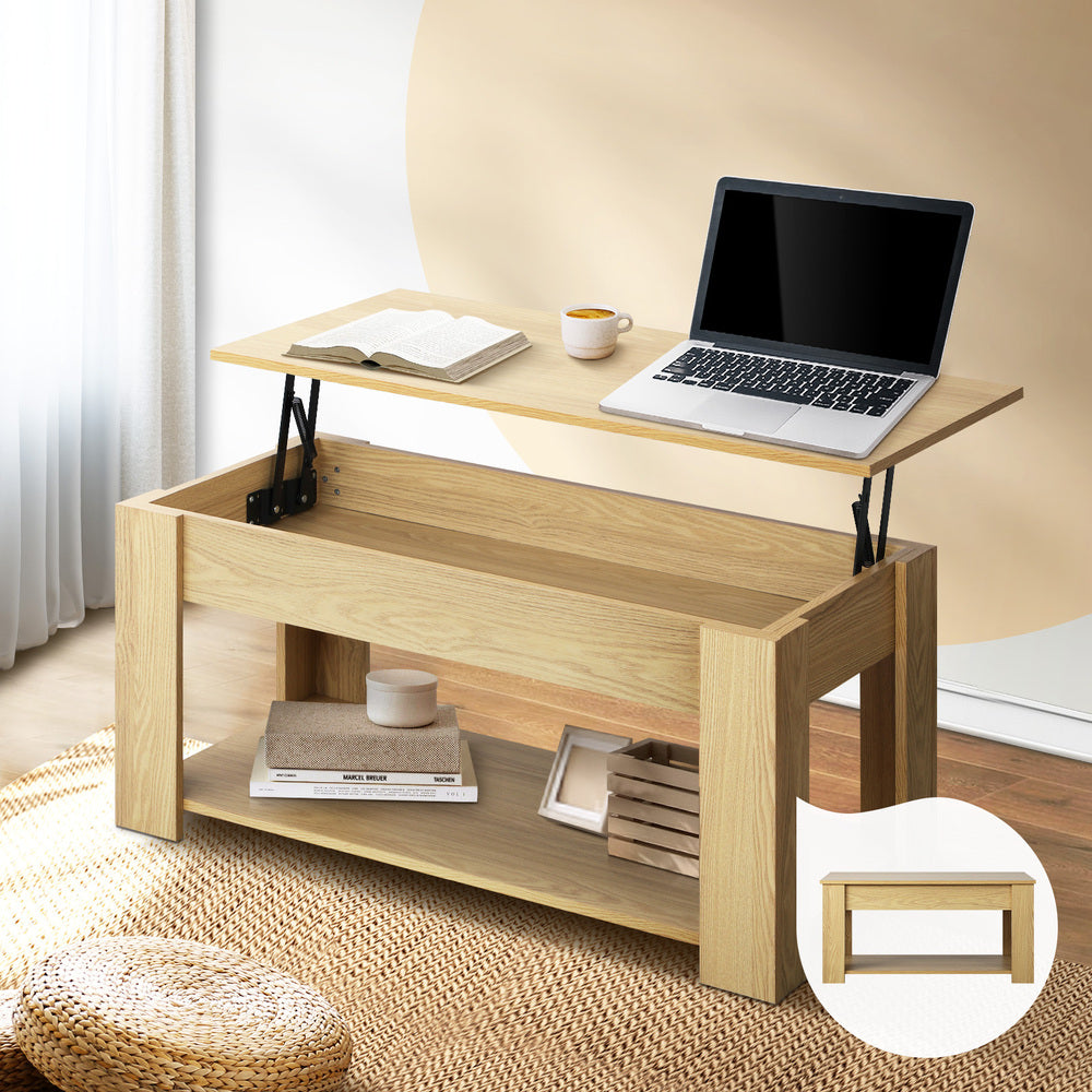 Oikiture Coffee Table with Lift Up Top and Storage Space, Wooden Side Table Beige-Coffee Tables-PEROZ Accessories