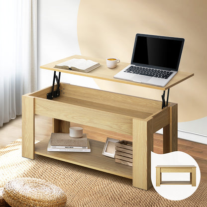 Oikiture Coffee Table with Lift Up Top and Storage Space, Wooden Side Table Beige-Coffee Tables-PEROZ Accessories