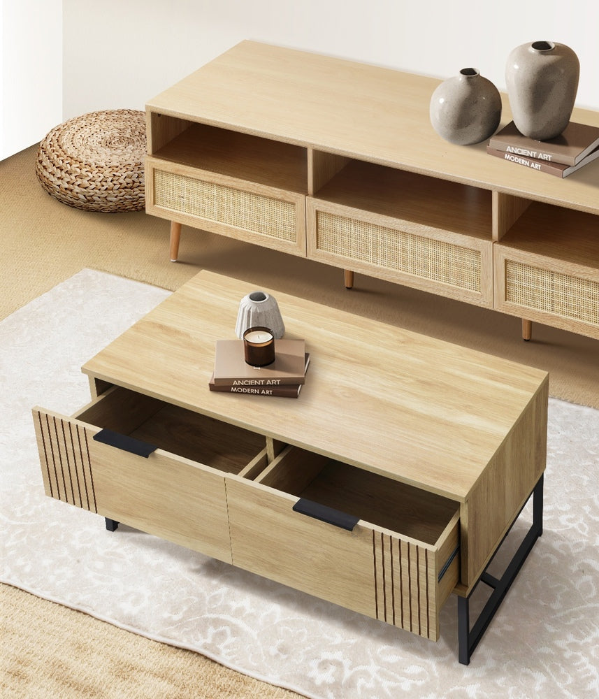 Oikiture Coffee Table with Storage Drawers Wooden Natural-Coffee Tables-PEROZ Accessories