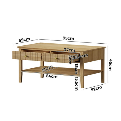 Oikiture Coffee Table with Storage Drawers Open Shelving Natural-Coffee Tables-PEROZ Accessories