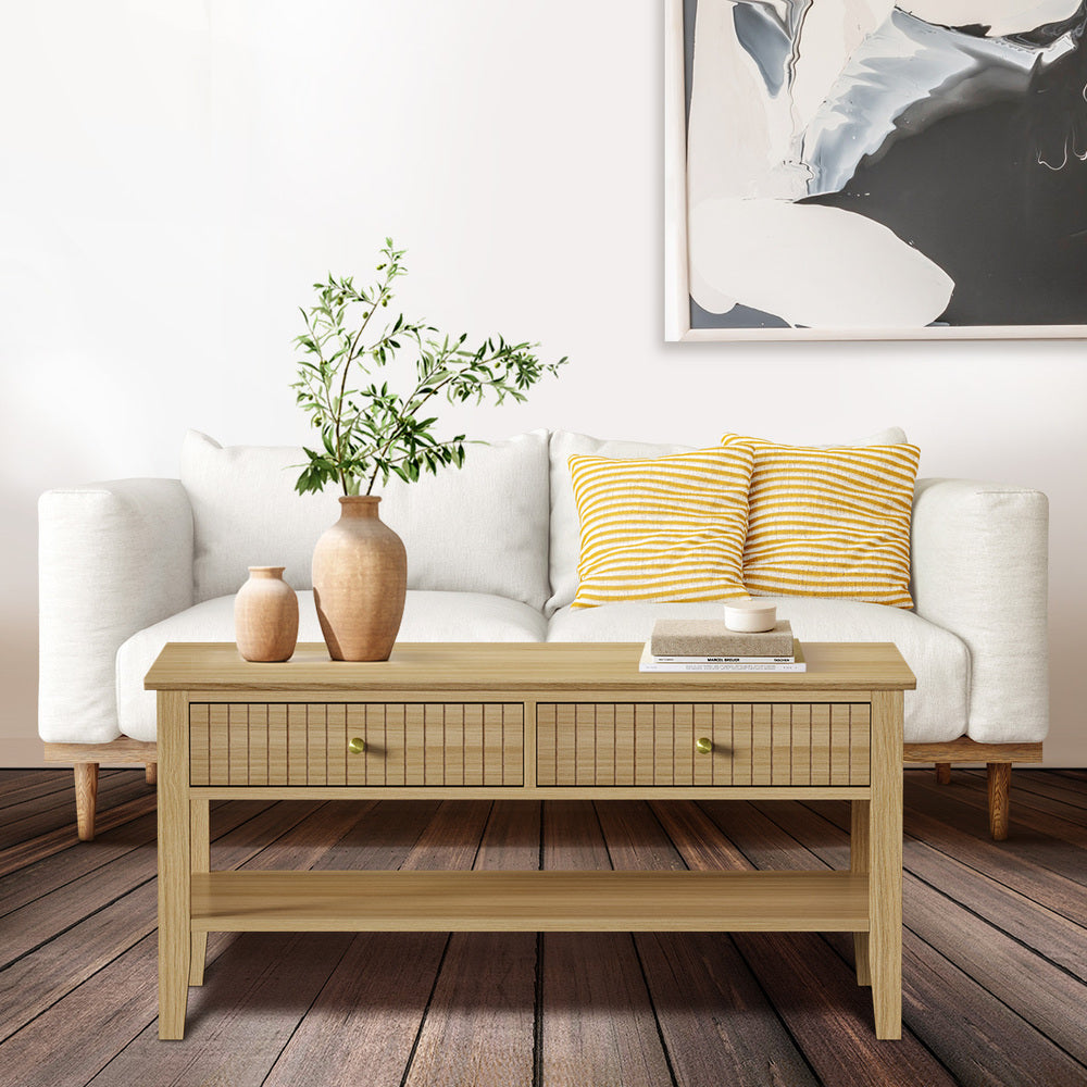 Oikiture Coffee Table with Storage Drawers Open Shelving Natural-Coffee Tables-PEROZ Accessories