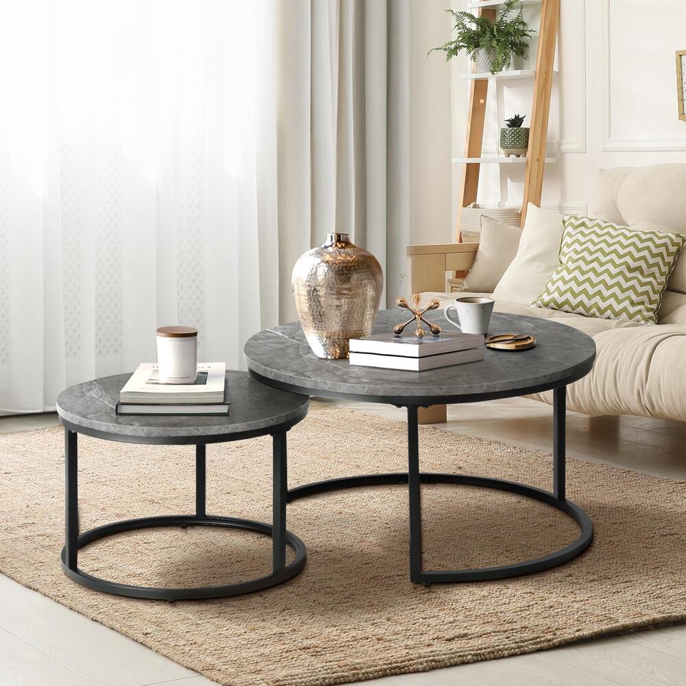 Oikiture Set of 2 Coffee Table Round Marble Nesting Side End Table Grey &amp; Black-Coffee Tables-PEROZ Accessories
