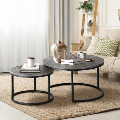 Oikiture Set of 2 Coffee Table Round Marble Nesting Side End Table Grey &amp; Black-Coffee Tables-PEROZ Accessories