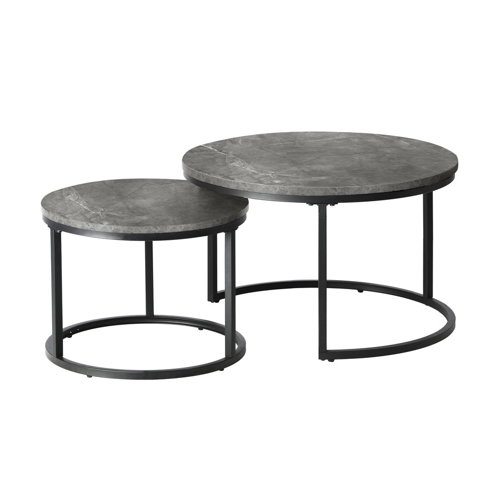 Oikiture Set of 2 Coffee Table Round Marble Nesting Side End Table Grey &amp; Black-Coffee Tables-PEROZ Accessories