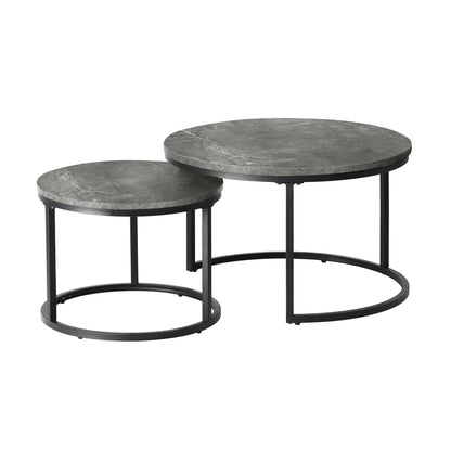 Oikiture Set of 2 Coffee Table Round Marble Nesting Side End Table Grey &amp; Black-Coffee Tables-PEROZ Accessories