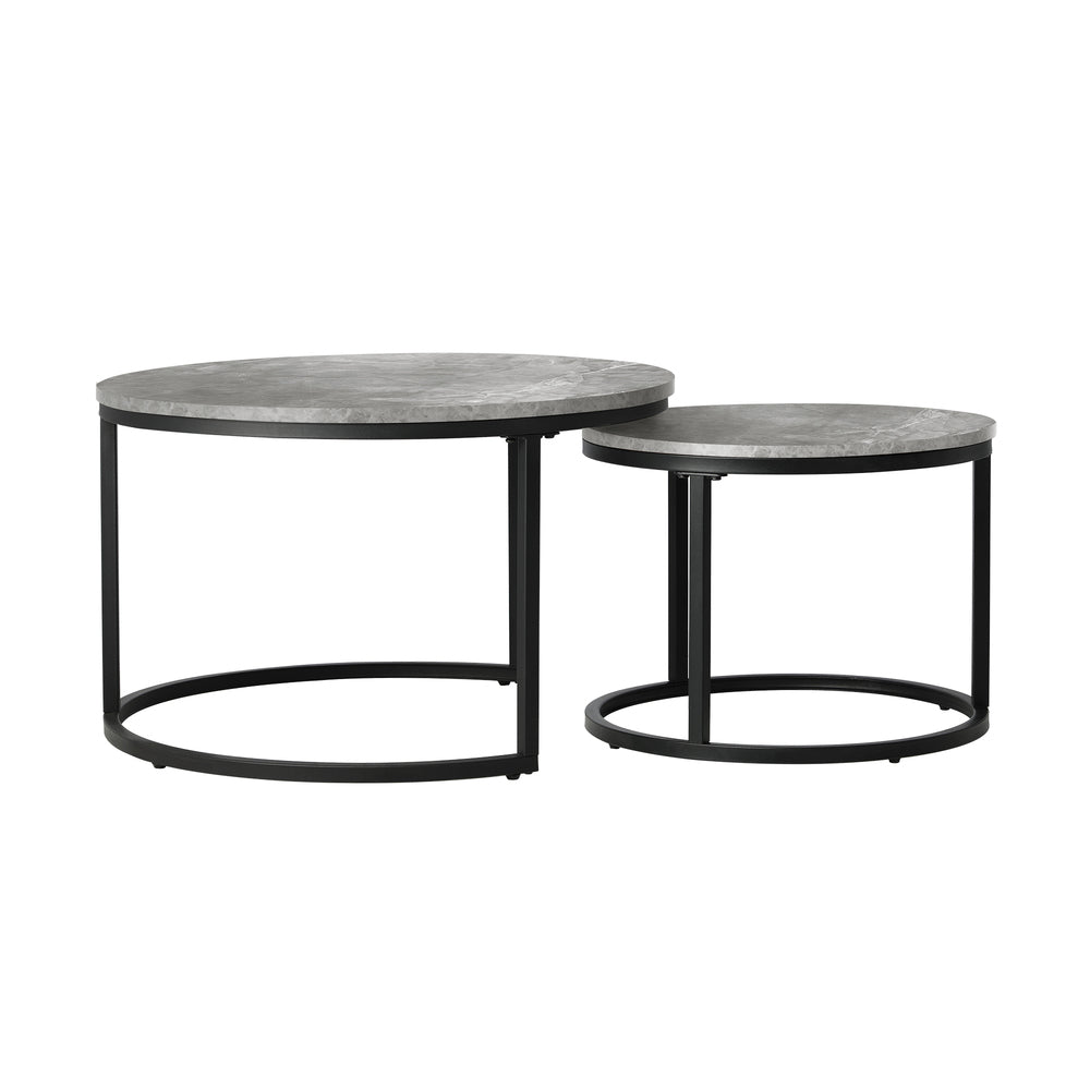 Oikiture Set of 2 Coffee Table Round Marble Nesting Side End Table Grey &amp; Black-Coffee Tables-PEROZ Accessories