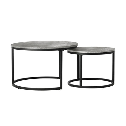 Oikiture Set of 2 Coffee Table Round Marble Nesting Side End Table Grey &amp; Black-Coffee Tables-PEROZ Accessories