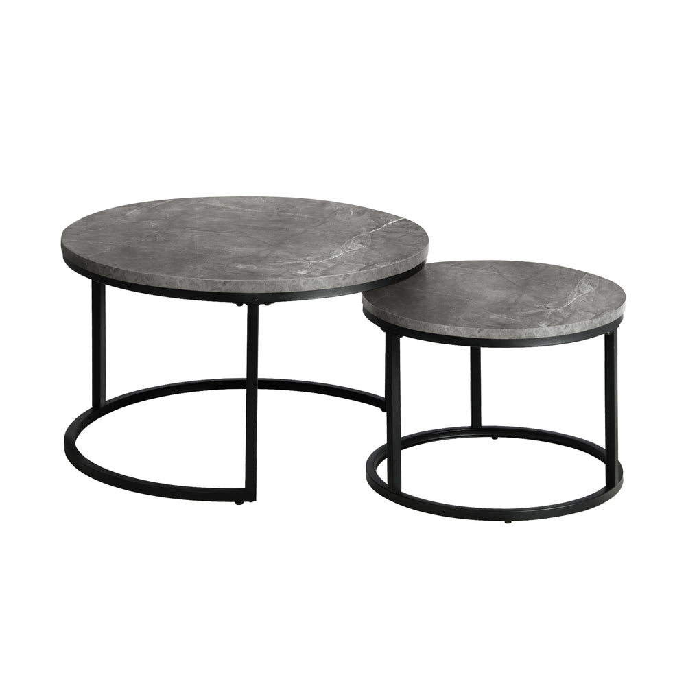 Oikiture Set of 2 Coffee Table Round Marble Nesting Side End Table Grey &amp; Black-Coffee Tables-PEROZ Accessories