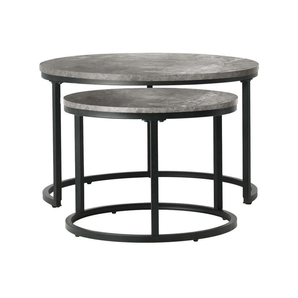 Oikiture Set of 2 Coffee Table Round Marble Nesting Side End Table Grey &amp; Black-Coffee Tables-PEROZ Accessories