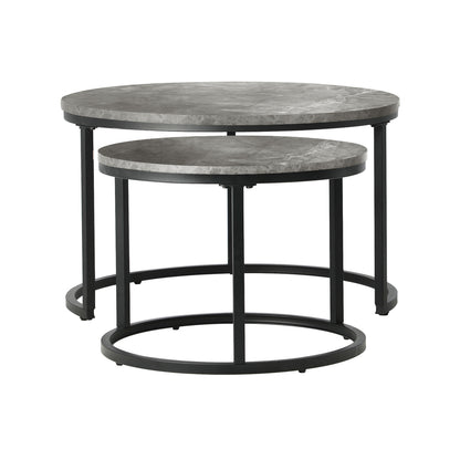 Oikiture Set of 2 Coffee Table Round Marble Nesting Side End Table Grey &amp; Black-Coffee Tables-PEROZ Accessories