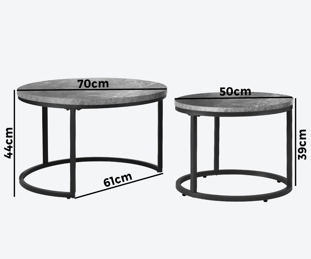 Oikiture Set of 2 Coffee Table Round Marble Nesting Side End Table Grey &amp; Black-Coffee Tables-PEROZ Accessories