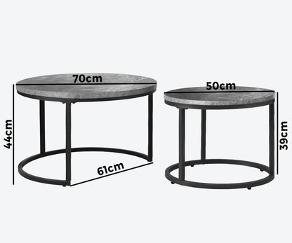 Oikiture Set of 2 Coffee Table Round Marble Nesting Side End Table Grey &amp; Black-Coffee Tables-PEROZ Accessories