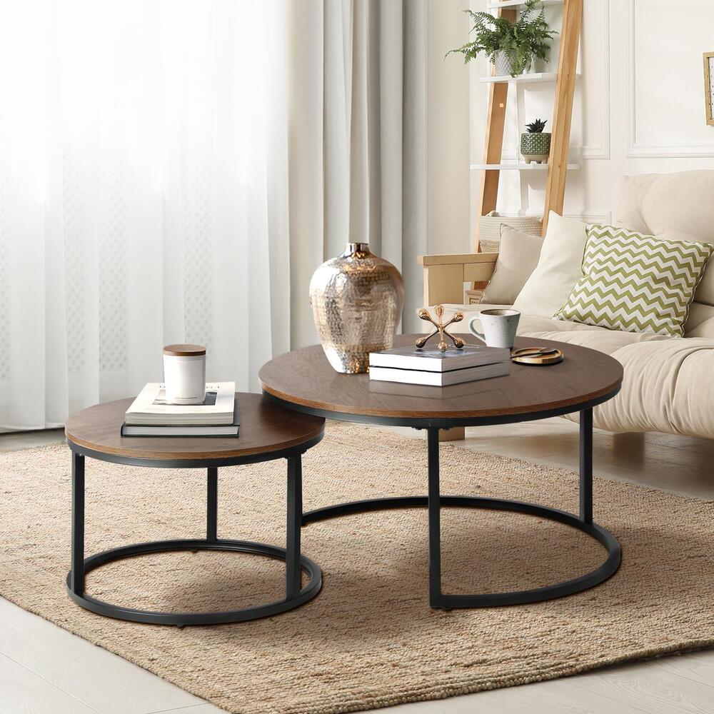 Oikiture Set of 2 Coffee Table Round Nesting Side End Table Walnut &amp; Black-Coffee Tables-PEROZ Accessories