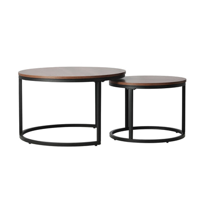 Oikiture Set of 2 Coffee Table Round Nesting Side End Table Walnut &amp; Black-Coffee Tables-PEROZ Accessories