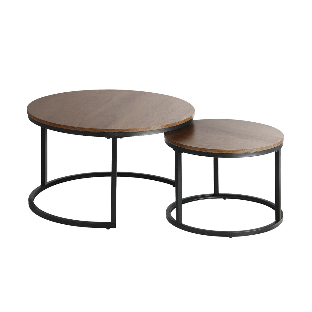 Oikiture Set of 2 Coffee Table Round Nesting Side End Table Walnut &amp; Black-Coffee Tables-PEROZ Accessories