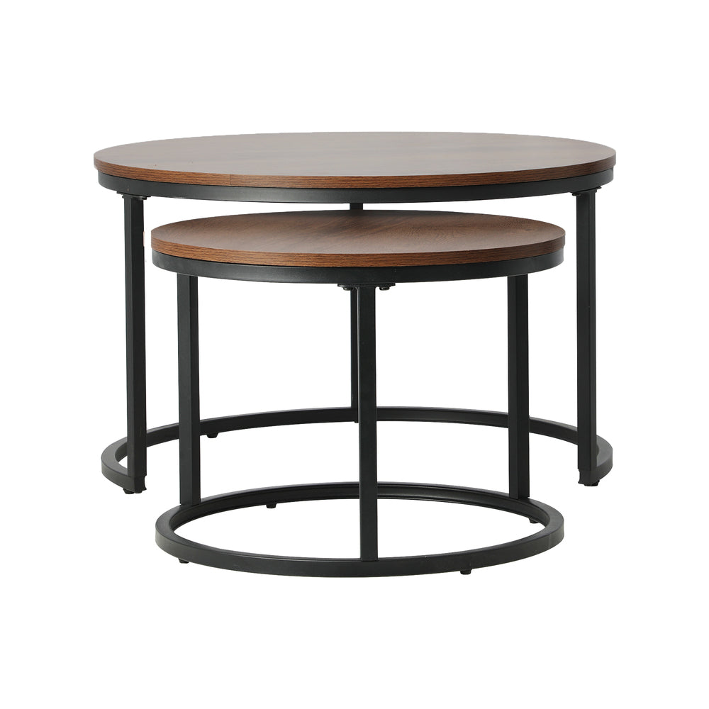Oikiture Set of 2 Coffee Table Round Nesting Side End Table Walnut &amp; Black-Coffee Tables-PEROZ Accessories