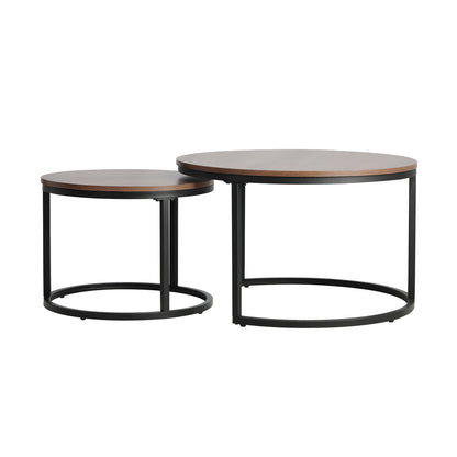 Oikiture Set of 2 Coffee Table Round Nesting Side End Table Walnut &amp; Black-Coffee Tables-PEROZ Accessories