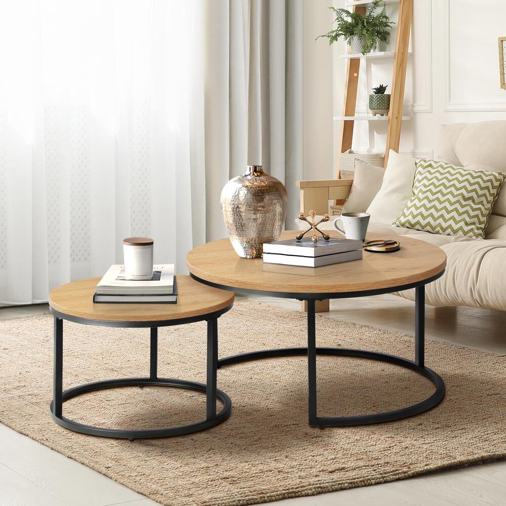 Oikiture Set of 2 Coffee Table Round Nesting Side End Table Natural-Coffee Tables-PEROZ Accessories