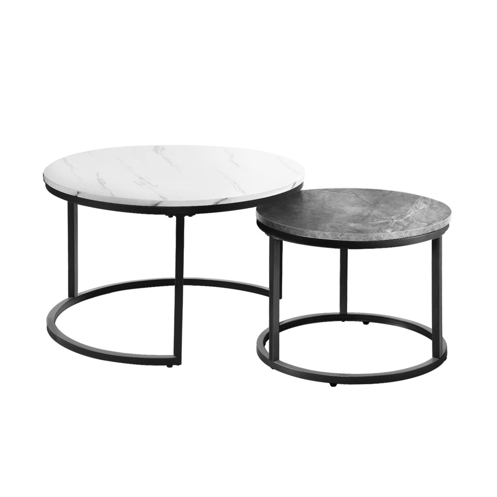 Oikiture Set of 2 Coffee Table Round Nesting Side End Table White &amp; Grey-Coffee Tables-PEROZ Accessories