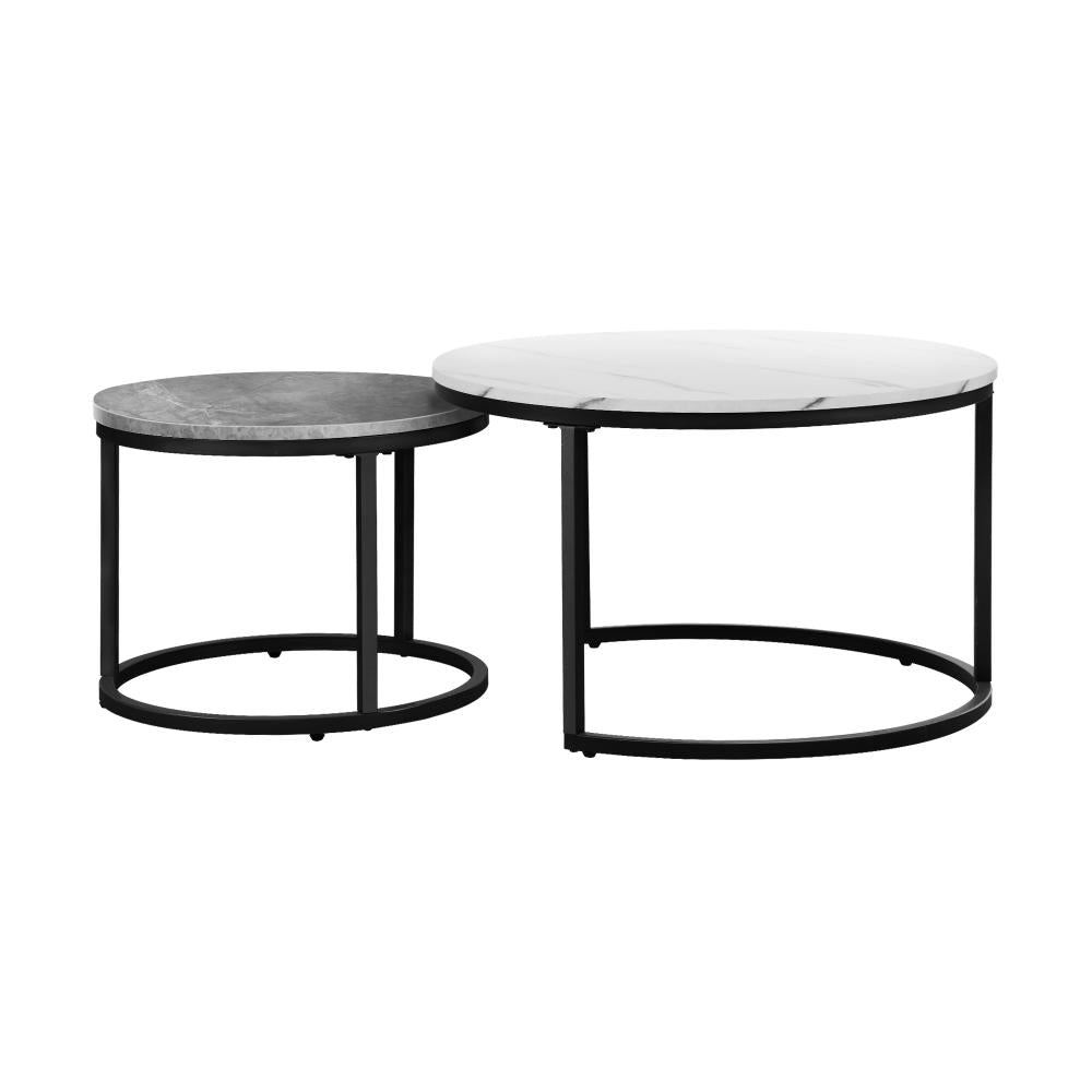 Oikiture Set of 2 Coffee Table Round Nesting Side End Table White &amp; Grey-Coffee Tables-PEROZ Accessories
