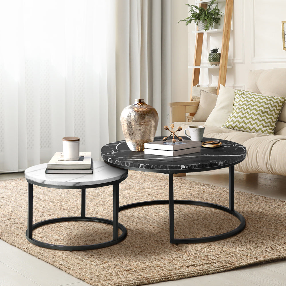 Oikiture Nesting Coffee Table Round Marble Black&amp;White-Coffee Tables-PEROZ Accessories