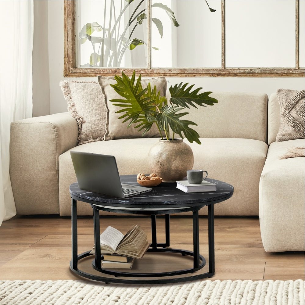 Oikiture Nesting Coffee Table Round Marble Black&amp;White-Coffee Tables-PEROZ Accessories