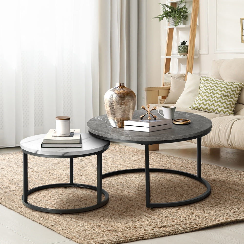 Oikiture Nesting Coffee Table Round Marble Grey&amp;White-Coffee Tables-PEROZ Accessories