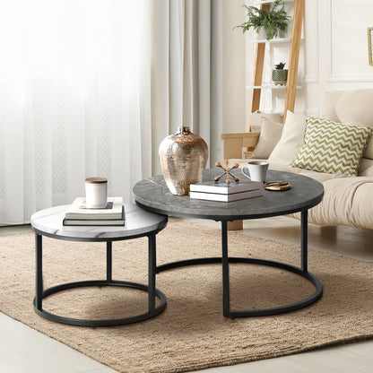 Oikiture Nesting Coffee Table Round Marble Grey&amp;White-Coffee Tables-PEROZ Accessories