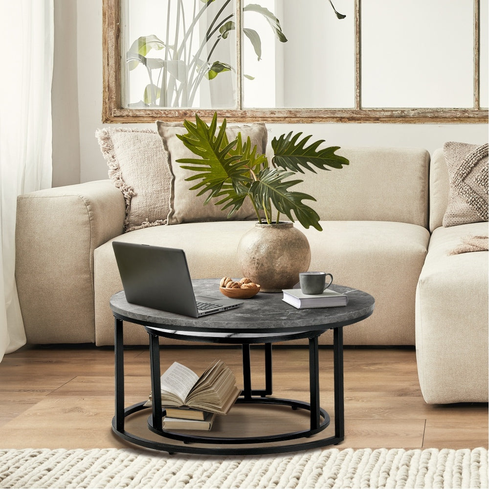 Oikiture Nesting Coffee Table Round Marble Grey&amp;White-Coffee Tables-PEROZ Accessories
