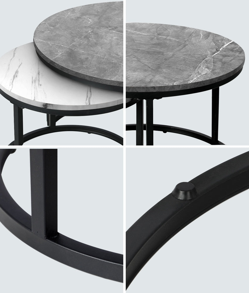 Oikiture Nesting Coffee Table Round Marble Grey&amp;White-Coffee Tables-PEROZ Accessories